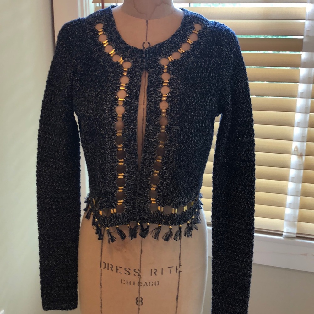 ELIE TAHARI NAVY & GOLD COTTON JACKET W/FRINGE
